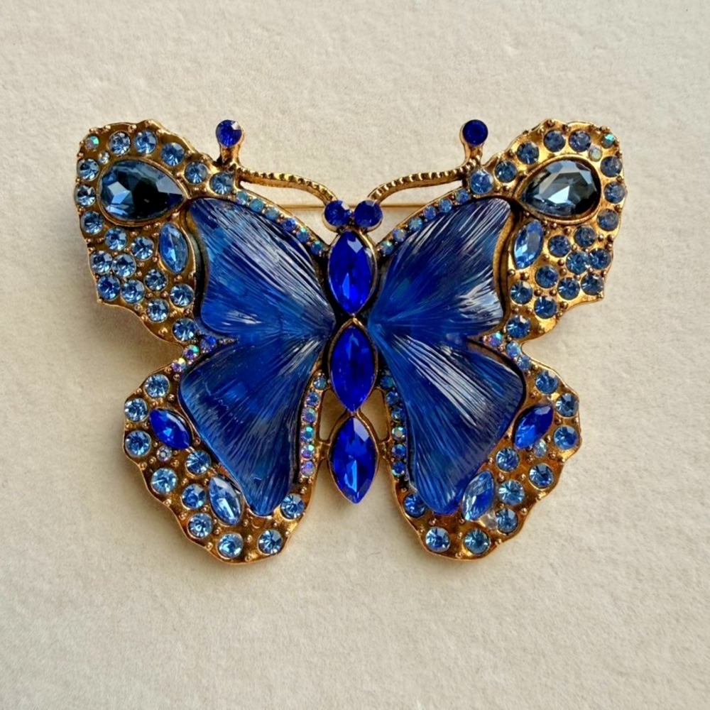 Blue Butterfly Brooch Rhinestone Enamel Gold Tone Large Statement Jewelry Pin